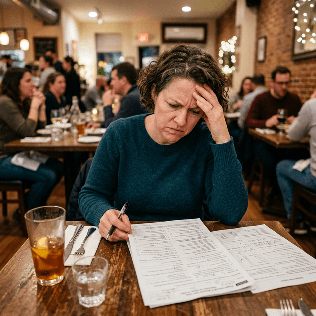 Frustrated customer filling out long paper feedback form at restaurant