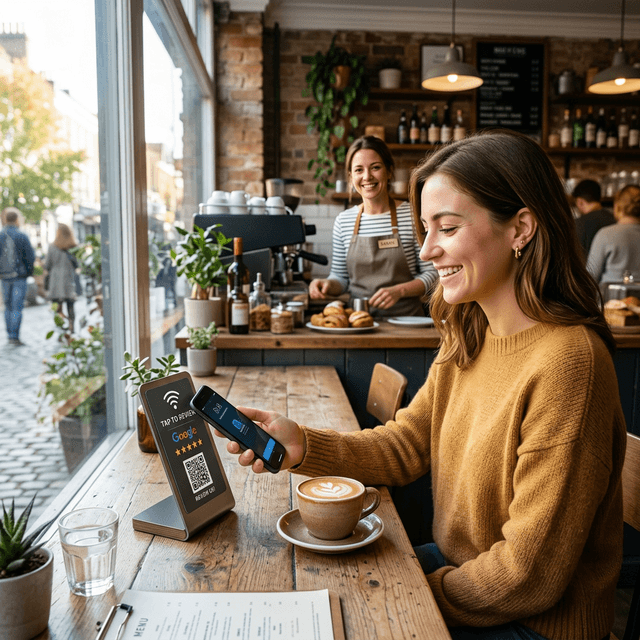 Customer leaving voice feedback using a smartphone and NFC Smart Review Stand